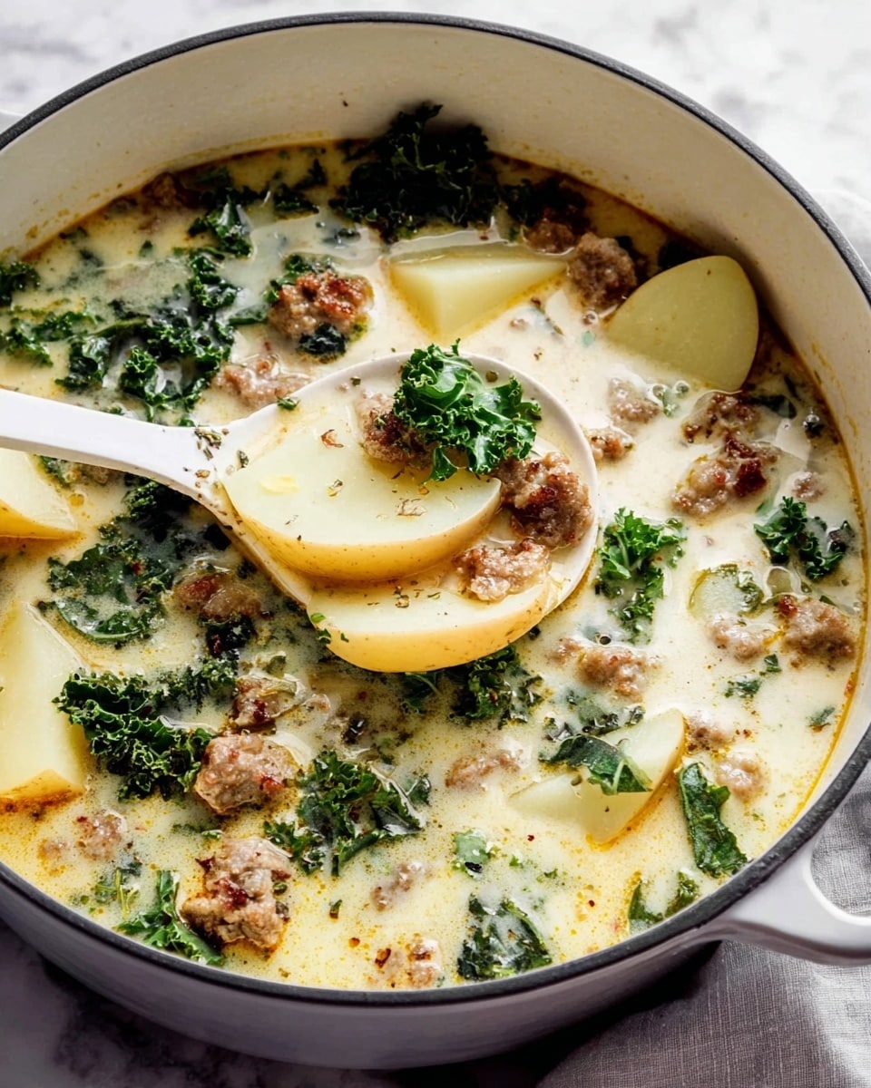 A white bowl filled with creamy soup showing three distinct layers: large thick slices of pale yellow potatoes with skin on the sides on top, bright green kale leaves scattered throughout the middle, and chunks of browned sausage mixed with small pieces of crispy cooked bacon all immersed in a rich, off-white creamy broth; a silver spoon rests inside the bowl on the right side, the bowl is placed on a soft grey cloth on a white marbled surface, with a small white dish of red chili flakes and a plastic container of fresh kale leaves slightly blurred in the background. photo taken with an iphone --ar 4:5 --v 7