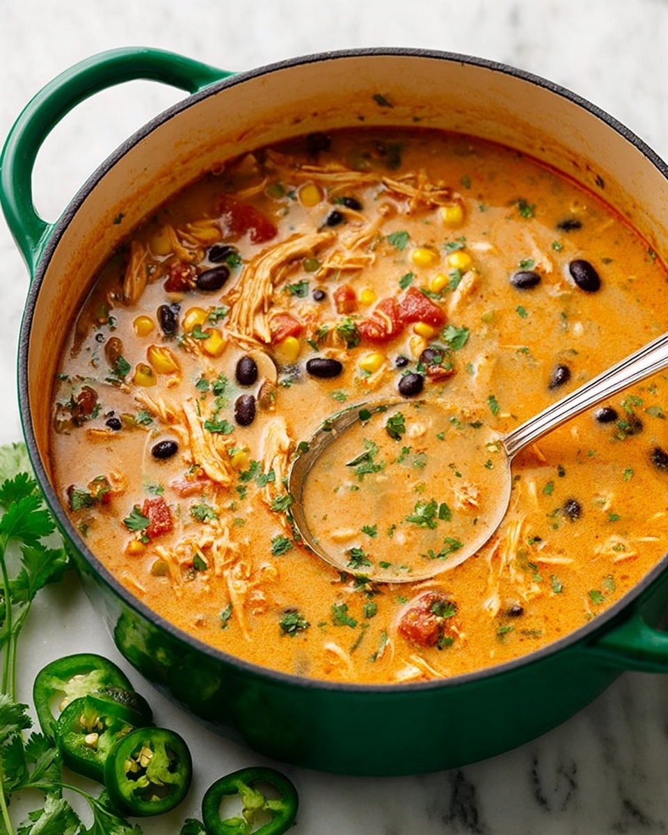 A large green pot filled with creamy orange soup sits on a white marbled surface with a white cloth beneath it. The soup has visible layers of shredded chicken, yellow corn kernels, black beans, and small red tomato pieces mixed evenly throughout its thick and smooth orange broth. Small green cilantro leaves are scattered on top, adding a fresh touch. A silver spoon rests inside the pot on the right side, partially submerged in the soup. Photo taken with an iphone --ar 4:5 --v 7