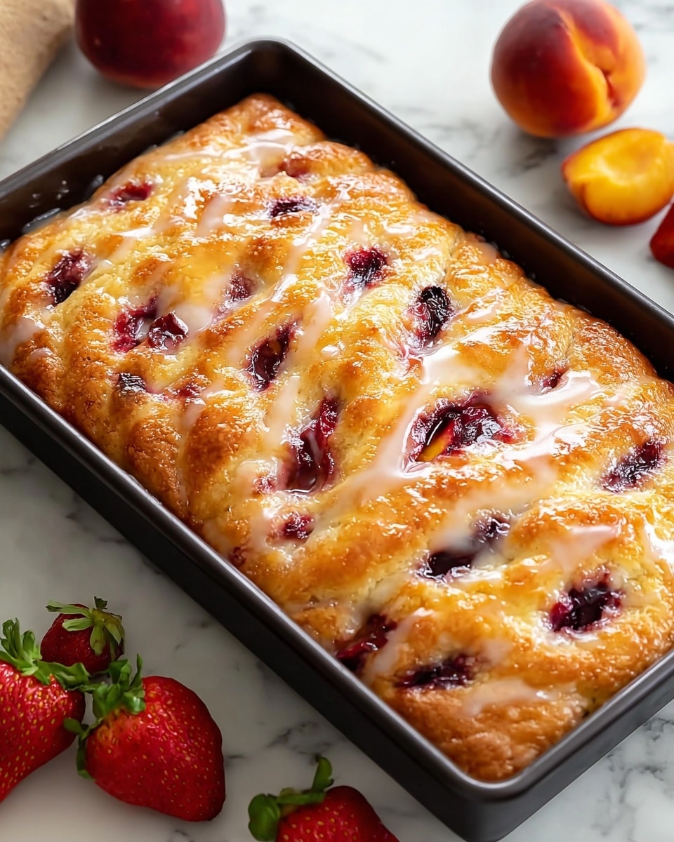 The image shows a freshly baked rectangular pastry in a black baking pan placed on a white marbled surface. The pastry has a golden-brown top with a shiny glaze spread unevenly, creating a glossy effect. There are visible pockets of dark red fruit filling scattered across the surface. The edges of the pastry appear slightly puffed and crisp, while the inside looks soft and fluffy. Fresh whole peaches and strawberries are visible around the pan, adding color and context to the scene. photo taken with an iphone --ar 4:5 --v 7