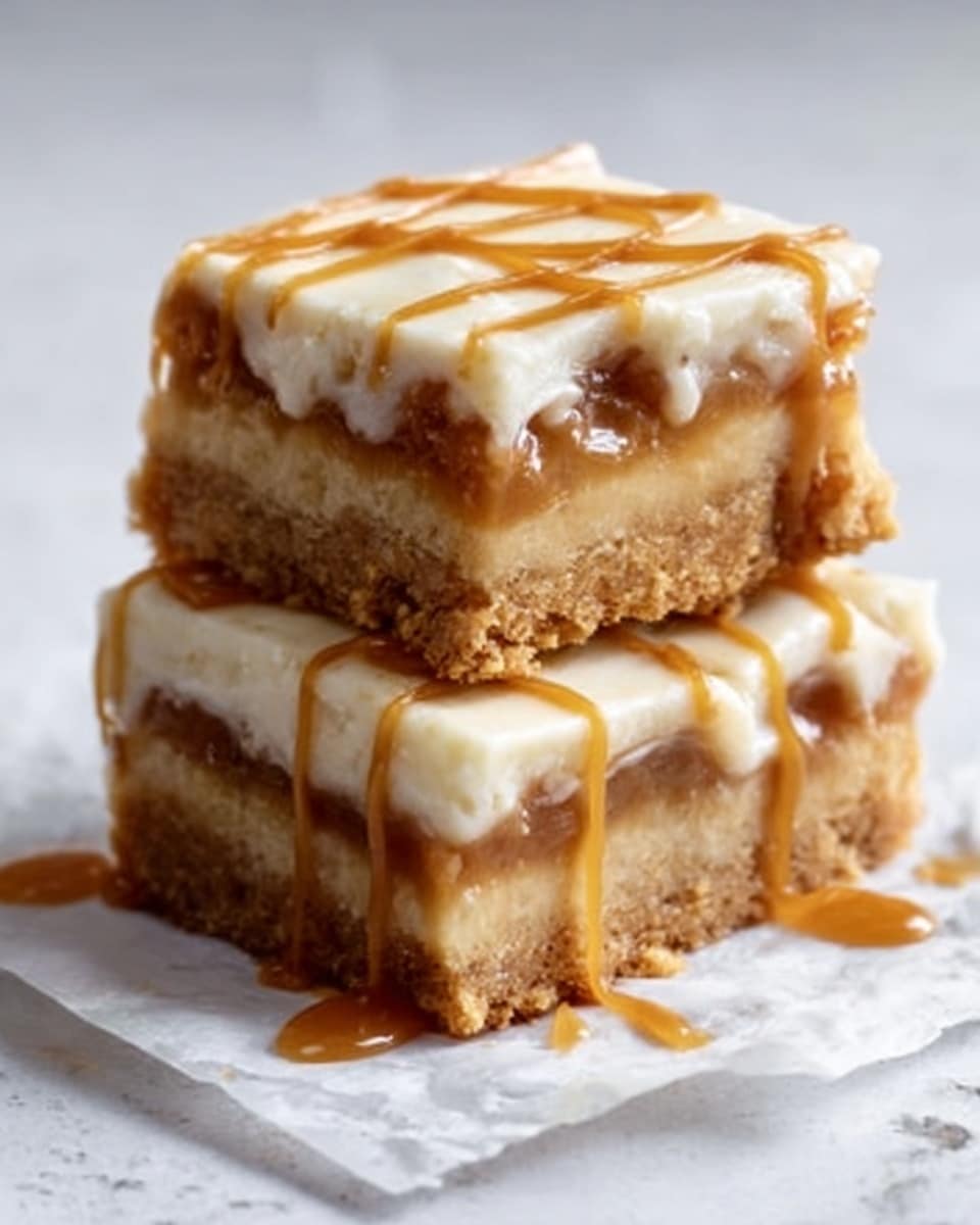The image shows two square caramel dessert bars stacked on top of each other on white parchment paper over a white marbled surface. Each bar has three visible layers: a light golden-brown base that looks crumbly, a thick middle layer filled with gooey caramel that oozes out slightly, and a creamy white frosting layer on top that drips down the sides. A few thin lines of caramel sauce are drizzled over the frosting. The texture looks soft and sticky, with the caramel layer shiny and smooth. photo taken with an iphone --ar 4:5 --v 7