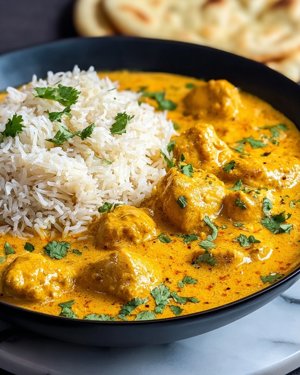 A black bowl holds a dish with two main parts: on the left, a mound of fluffy white rice with long grains, and on the right, a thick, creamy orange-yellow sauce with several chunky pieces of tender chicken. The sauce is smooth with a slightly speckled texture and garnished with small green cilantro leaves scattered on top. In the background, blurred flatbread is visible. The setting includes a white marbled surface under the bowl. photo taken with an iphone --ar 4:5 --v 7
