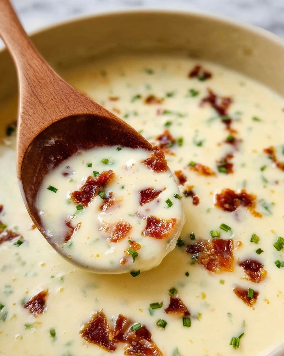 A white bowl filled with creamy soup that is light beige in color, topped with small crispy brown bacon bits and bright green chives scattered on the surface, with a shiny silver spoon partially dipped into the soup and held by a woman's hand. The background is a white marbled texture. photo taken with an iphone --ar 4:5 --v 7