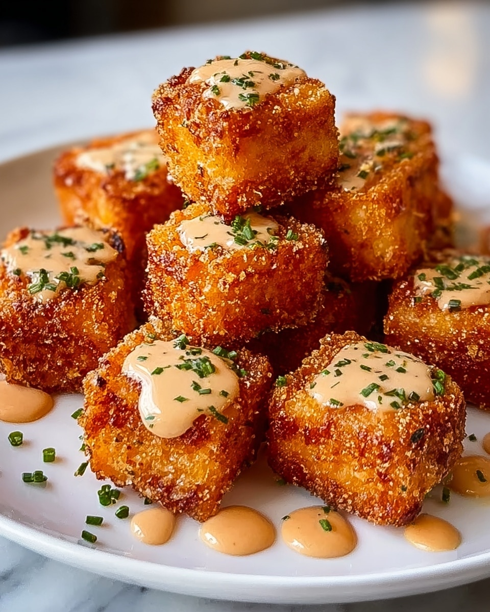 The image shows a white plate piled with many small, crispy salmon cubes that have a golden-brown crust. Each salmon piece is topped with a smooth light beige sauce and sprinkled with tiny green chives. The texture of the salmon looks crunchy on the outside and soft on the inside. The plate sits on a white marbled surface, and the close-up view highlights the seasoning and sauce details on each cube. photo taken with an iphone --ar 4:5 --v 7