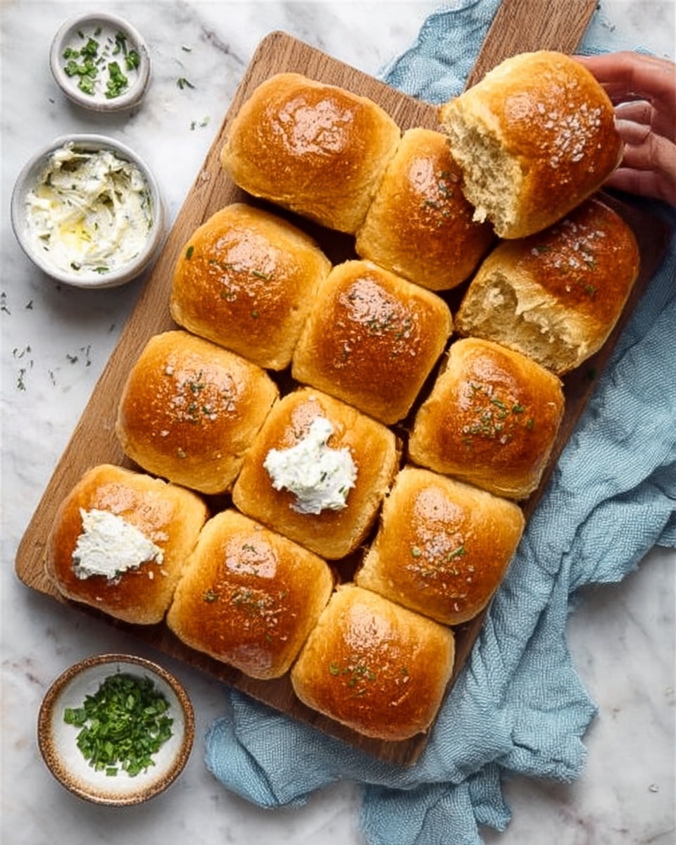 The image shows a wooden board with twelve golden brown dinner rolls arranged in three rows of four. The rolls look soft and shiny with a smooth, slightly glossy top, some sprinkled with coarse salt or herbs. One roll is torn open, revealing a fluffy, light inside texture, and a few others have a dollop of white creamy spread on top or beside them. There are small white bowls nearby with more creamy spread and chopped green herbs, all placed on a white marbled surface. A woman's hand is gently touching or lifting one roll, and a light blue cloth napkin is folded beside the board. The whole scene has a warm, fresh, and delicious feel. photo taken with an iphone --ar 4:5 --v 7