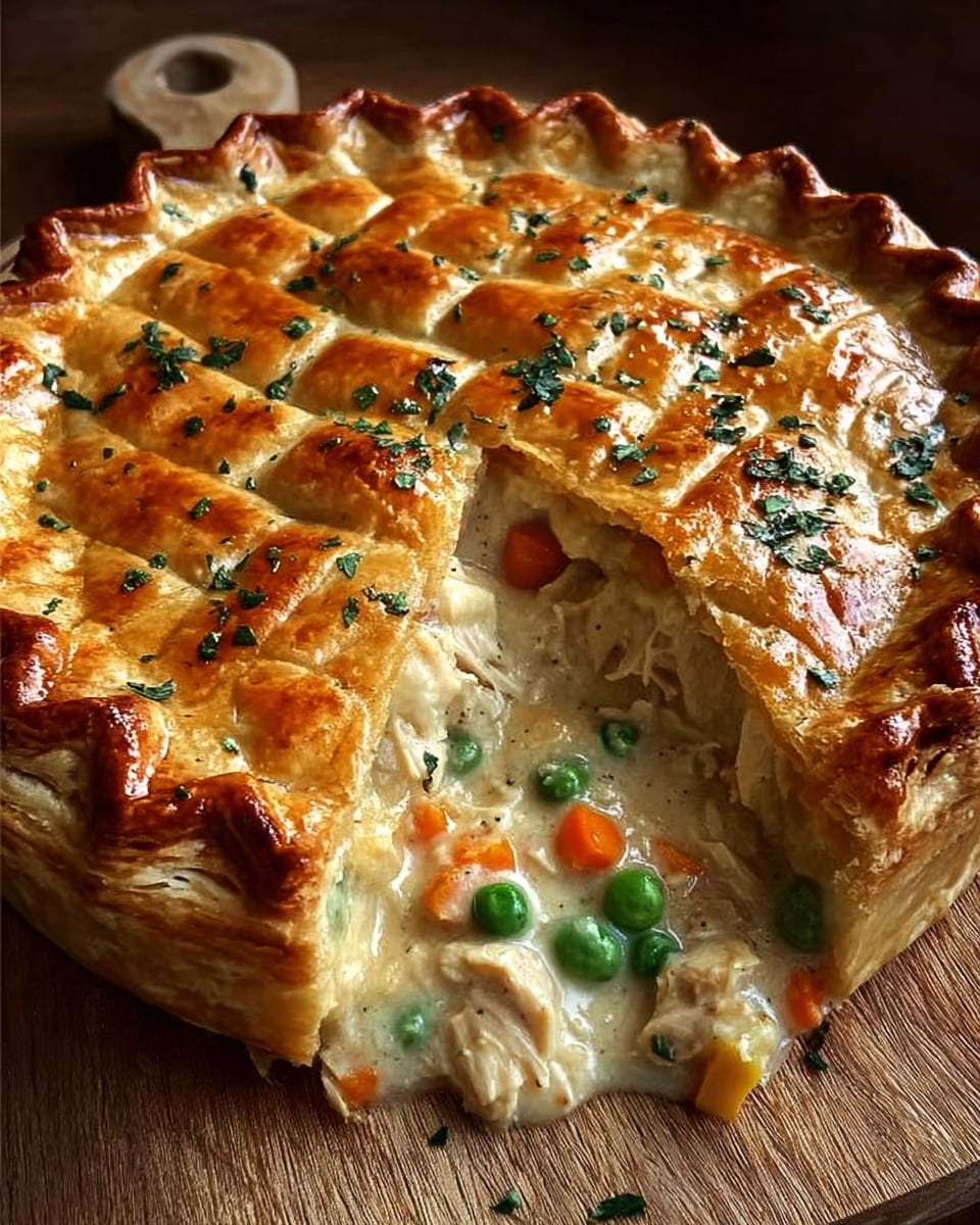 A golden brown pie with a shiny, flaky crust topped with small green herb sprinkles rests on a wooden surface. One piece is cut out, showing the inside layers: a creamy white sauce with visible chunks of cooked chicken, bright green peas, and small orange carrot pieces. The crust has a scalloped edge and a slightly raised pattern on top. photo taken with an iphone --ar 4:5 --v 7