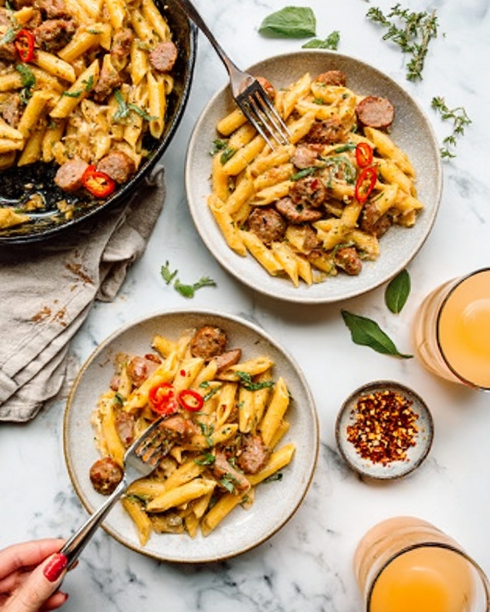 The image shows two white bowls filled with penne pasta mixed with pieces of sausage and slices of red chili pepper. The pasta is coated with a light sauce, and there are small green herb leaves sprinkled on top and around the bowls. Each bowl has a fork resting on the edge, with a woman’s hand holding the fork in one bowl. Nearby, there is a black cast iron skillet filled with more pasta and sausage, and two small dishes with crushed red pepper flakes and fresh herbs. The background is a white marbled texture, and two glasses with a light orange drink are placed near the bowls. Photo taken with an iphone --ar 4:5 --v 7