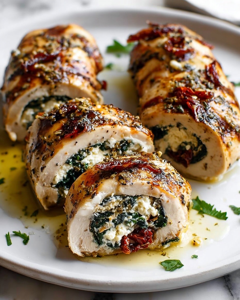 Three grilled chicken rolls are placed on a white plate with a few green parsley leaves scattered around. Each roll is sliced once, showing layers inside: a white, crumbly cheese layer mixed with dark green spinach and deep red sun-dried tomatoes. The outside of the chicken is golden brown with grill marks and specks of black pepper and herbs. The plate sits on a white marbled surface, and a light drizzle of oil adds a shiny finish on the chicken. photo taken with an iphone --ar 4:5 --v 7