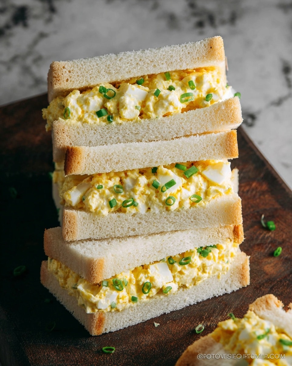 Four pieces of egg salad sandwich are shown closely on a dark wooden board with a white marbled texture background. Each sandwich has two layers of soft white bread with a thick middle layer of chopped egg mixed with yellow yolk, mayonnaise or dressing, and finely sliced green onions sprinkled on top. The egg layer is creamy with small chunks of white and bright yellow, creating a fresh and soft texture look. Photo taken with an iphone --ar 4:5 --v 7