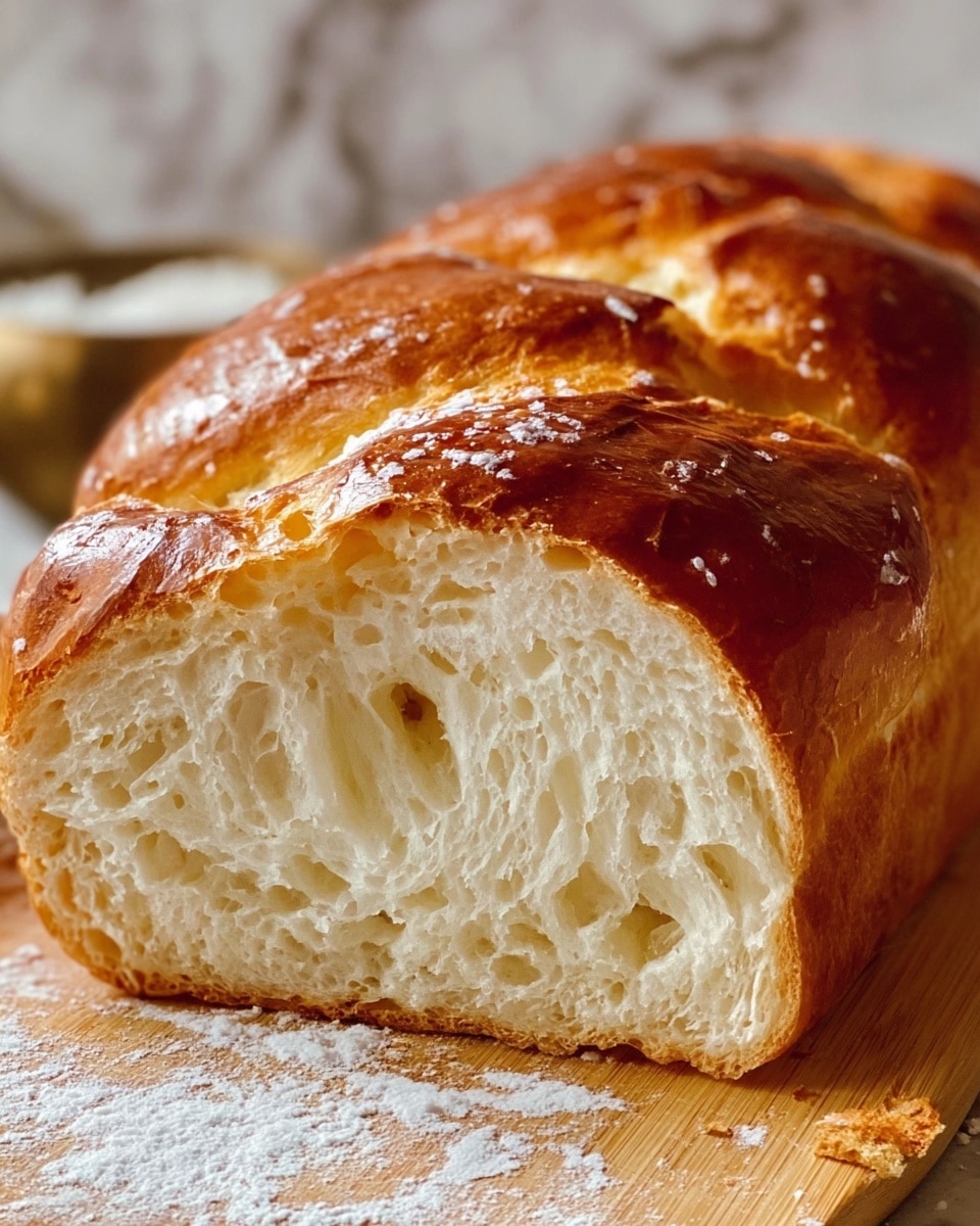 A close-up image of a freshly baked loaf of bread with a golden brown crust that looks shiny and slightly cracked. The bread is sliced to show the inside, revealing a soft, airy texture with many holes and a pale creamy-white color. The loaf sits on a light wooden board with some flour scattered around, and the background features a blurred white marbled texture. photo taken with an iphone --ar 4:5 --v 7