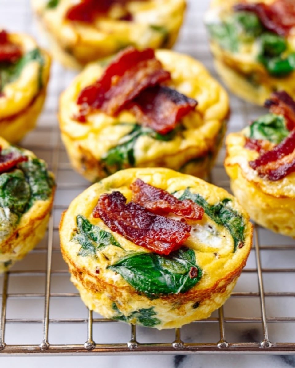 The image shows several egg muffins arranged on a cooling rack over a white marbled surface. Each muffin has three visible layers: the base is a light yellow cooked egg layer with a smooth texture, the middle layer includes bright green spinach leaves that are slightly wilted but still vibrant, and the top layer features crispy, deep red-brown strips of bacon that curl slightly at the edges. The muffins are round and golden around the edges with a slightly bumpy texture from the ingredients inside. Photo taken with an iphone --ar 4:5 --v 7