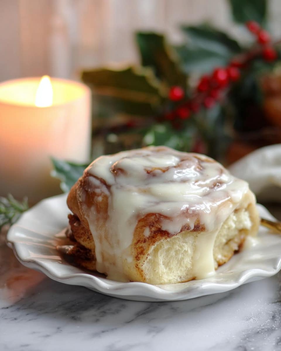 A thick cinnamon roll with three visible layers, each soft and light golden brown with cinnamon swirls inside, is topped with creamy white icing that is slightly melted and spread unevenly over the top and sides. The cinnamon roll sits on a white, scalloped-edge plate placed on a white marbled surface. In the background, there is a lit white candle and some green leaves with red berries, giving a warm and cozy feeling. Photo taken with an iphone --ar 4:5 --v 7