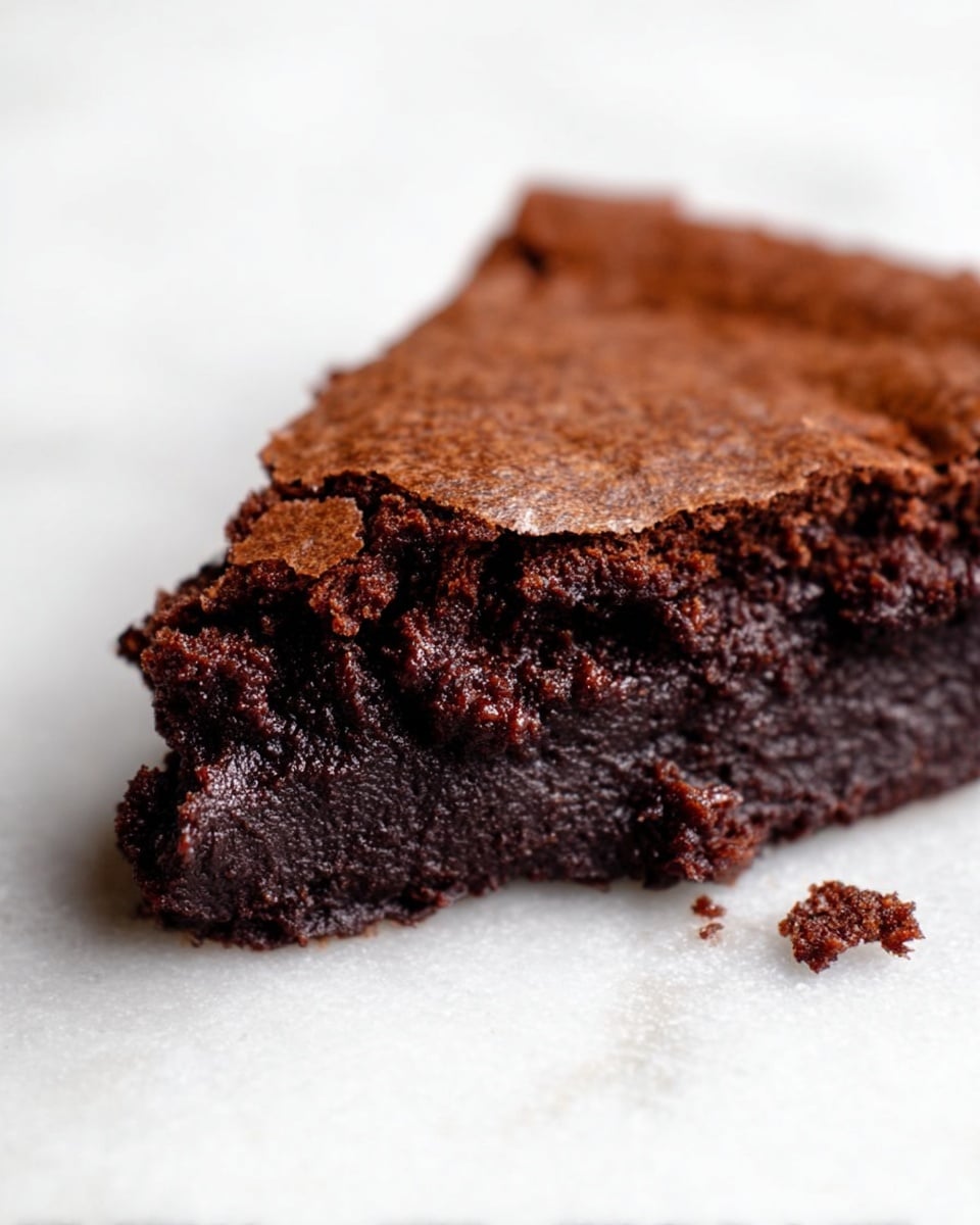 A close-up of a single piece of rich chocolate brownie resting on a white marbled surface, showing two main layers: the top layer is a thin, slightly cracked, and dry-looking crust in dark brown, while the bottom layer is thick, moist, and fudgy with a glossy, almost gooey texture in darker brown. The edges of the brownie piece are uneven and crumbly, with a small portion breaking away, highlighting the dense and soft inside. photo taken with an iphone --ar 4:5 --v 7
