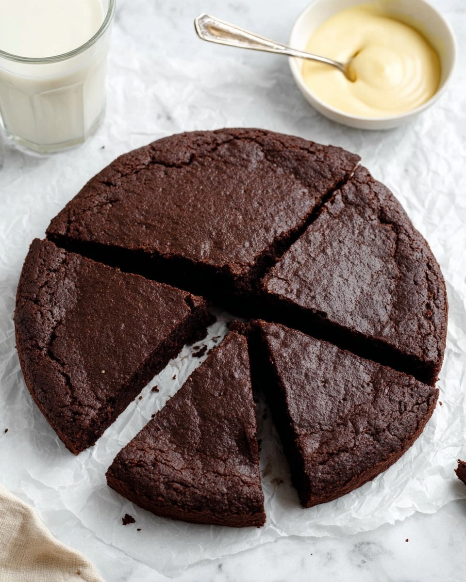 A round, thick chocolate cake is sliced into five uneven pieces, with deep dark brown color and a slightly rough, cracked texture on top. The cake rests on white parchment paper over a white marbled surface. In the background, there is a glass of milk and a small white bowl filled with pale yellow cream or sauce, along with a spoon placed in it. Photo taken with an iphone --ar 4:5 --v 7