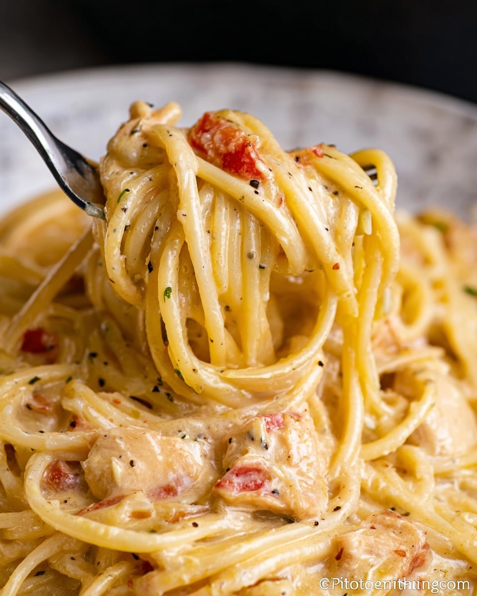A close-up view of a fork lifting creamy spaghetti pasta coated in a thick, pale yellow sauce with visible black pepper flakes and small red pieces, likely diced tomatoes or peppers. The pasta strands are long and smooth, intertwined with chunks of tender-looking chicken mixed throughout the sauce. The scene is set against a white marbled texture background, and the glossy sauce covers every part of the pasta, making it look rich and creamy. Photo taken with an iphone --ar 4:5 --v 7