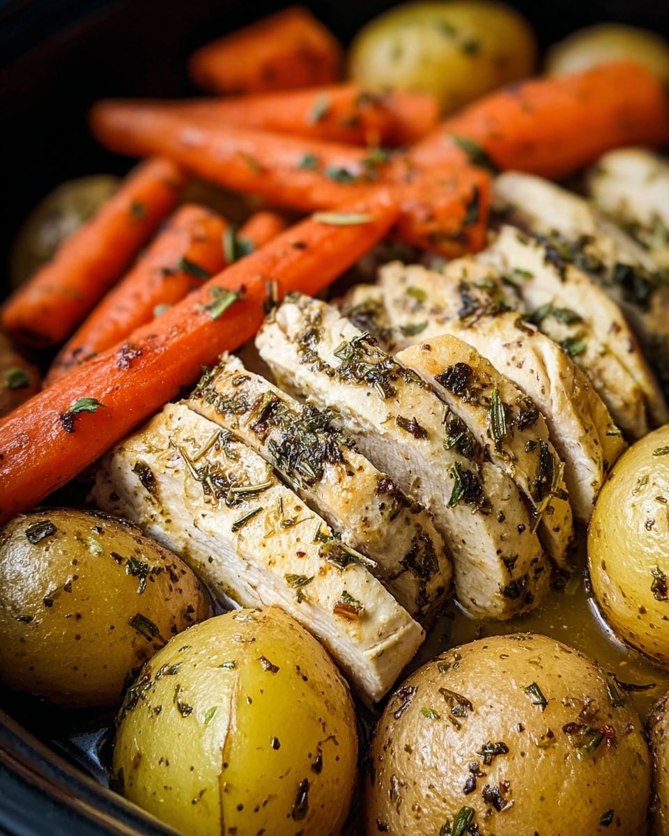 The dish shows a close-up of roasted chicken breast slices layered in the middle, seasoned with herbs and spices that give a slightly rough texture with green and dark specks on the light golden-white meat. Around the chicken, there are whole and halved small potatoes with a shiny, smooth skin in yellowish brown, also covered in herbs. Bright orange roasted carrots are placed on the top and sides, showing a slightly wrinkled, soft texture with a glossy finish, scattered with small green herb bits. The food is all in a dark pan, contrasting with the warm colors of the chicken, potatoes, and carrots. photo taken with an iphone --ar 4:5 --v 7