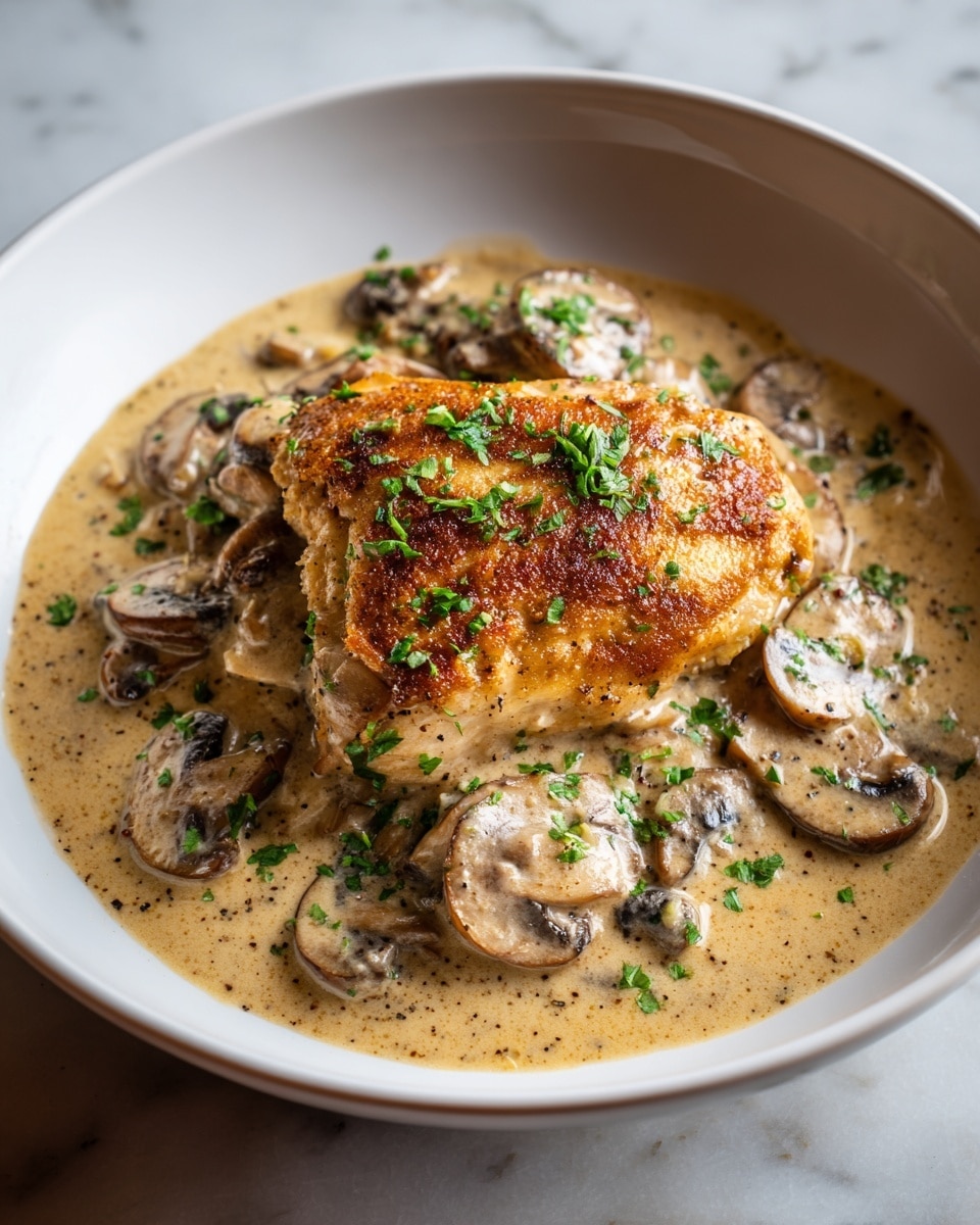 The dish shows a single piece of golden brown cooked chicken with a crispy texture on top, sitting in the center of a shallow white bowl. Surrounding and partly covering the chicken is a thick, creamy light tan sauce filled with sliced mushrooms that have a soft, tender look. The sauce has visible specks of black pepper and fresh green herbs sprinkled evenly over the chicken and sauce, adding a fresh color contrast. The bowl is placed on a white marbled surface, giving the whole image a clean and bright look. photo taken with an iphone --ar 4:5 --v 7
