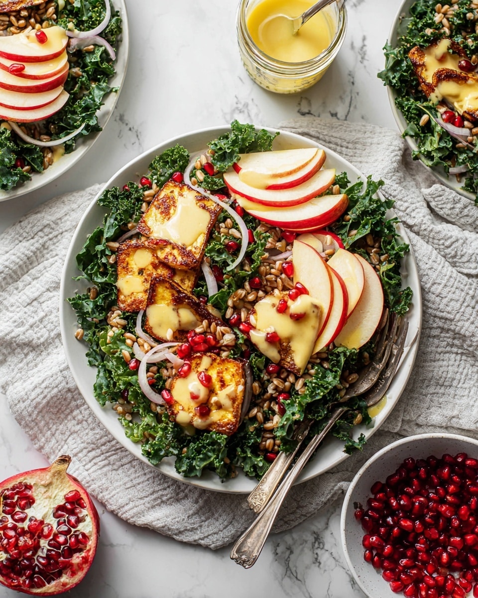A fresh salad served on a white round plate, with a base layer of curly dark green kale leaves. On top, several thin, curved apple slices with red skin and pale inside are arranged, adding a soft contrast. Light brown grains, likely farro, are scattered evenly over the greens. Golden-brown grilled cheese pieces sit layered near the center, showing a slightly crispy texture. Thin rings of light pink shallots and bright red pomegranate seeds are sprinkled on top, adding pops of color. The plate is placed on a white marbled surface next to a small white bowl filled with shiny pomegranate seeds and a glass jar of light yellow dressing with a spoon inside. A silver fork rests on the edge of the plate near a light gray textured cloth. Photo taken with an iphone --ar 4:5 --v 7