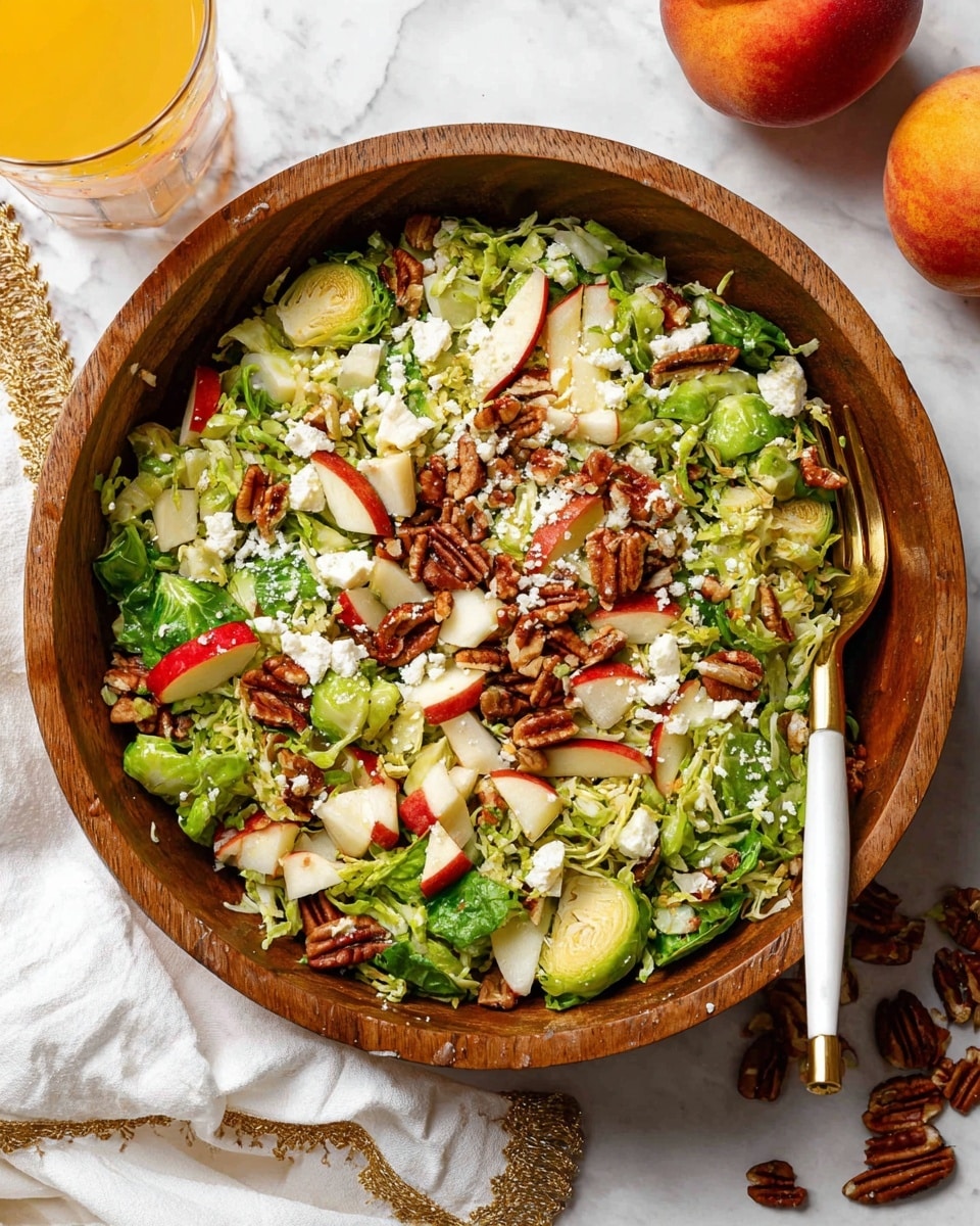 A wooden bowl filled with a mixed salad showing three main layers: the bottom layer is light green shredded Brussels sprouts, the middle layer has browned, sliced Brussels sprouts with a crisp texture, and the top layer contains small diced red apples, crunchy pecan pieces, and scattered white cheese shavings. The salad has a fresh look with some shiny dressing visible on the leaves. Around the bowl, some pecans and white cheese pieces are spread on a white marbled surface. A glass of orange juice and a whole peach are partially visible in the top right corner. A gold and white fork rests on the right inside edge of the bowl with a white cloth with gold trim underneath the bowl on the left side. photo taken with an iphone --ar 4:5 --v 7