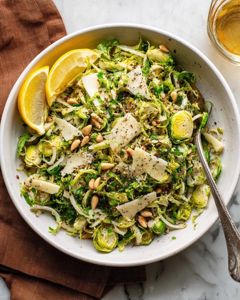 A white bowl filled with a salad made of shredded green Brussels sprouts mixed with thinly sliced onions, sprinkled with small beige pine nuts and thin, pale cheese slices scattered on top. Two bright yellow lemon wedges sit on one side of the salad. The salad is lightly seasoned with black pepper and herbs, giving small dark specks across the greens. A silver fork rests inside the bowl on the left side, and the bowl is placed on a white marbled surface with a brown cloth napkin partly visible beneath it. Photo taken with an iphone --ar 4:5 --v 7