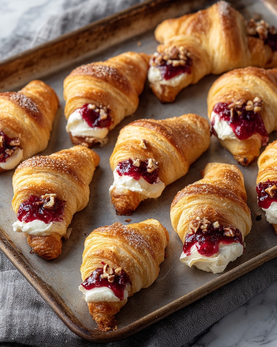 The image shows ten small golden-brown croissants on a baking tray, each with a visible layer of creamy white cheese spread in the middle. On top of the cheese is a thick layer of bright red berry jam, slightly glossy and textured, with small chunks. Scattered over the jam are bits of chopped nuts, adding a crunchy texture. The croissants have a soft, flaky texture with a light shine from sugar sprinkles. The tray rests on a soft gray cloth, all set against a white marbled surface. photo taken with an iphone --ar 4:5 --v 7