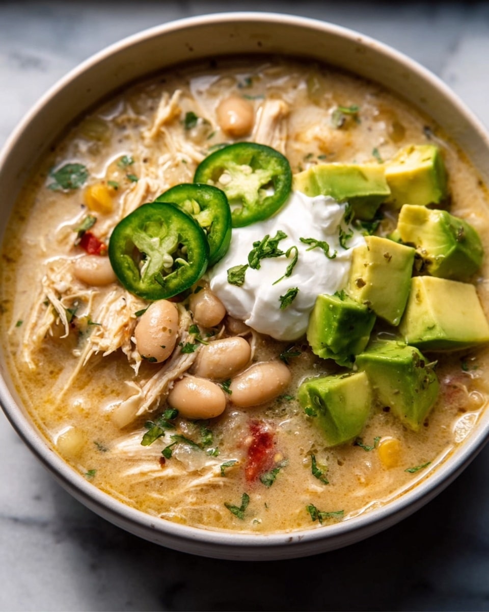 The image shows a white bowl filled with a creamy soup that has shredded chicken, white beans, and small pieces of red and green vegetables. On top, there is a layer of diced avocado with a bright green color, a dollop of white sour cream, and slices of green jalapeño pepper. The soup's texture looks thick, with visible bits of chicken and beans throughout. The bowl is on a white marbled surface, and bright natural light highlights the fresh ingredients. Photo taken with an iphone --ar 4:5 --v 7