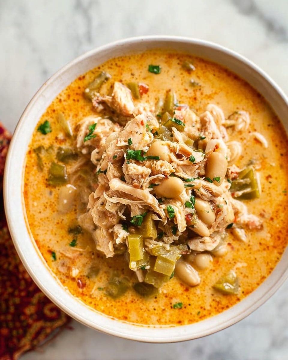 A close-up top view of a bowl filled with creamy stew, showing layers of shredded light brown chicken, soft beige beans, and chunks of greenish pepper in an orange creamy sauce, sprinkled with small bits of green herbs; the bowl is white and sits on a white marbled surface; a woman's thumb is visible holding the bowl from the bottom edge; photo taken with an iphone --ar 4:5 --v 7