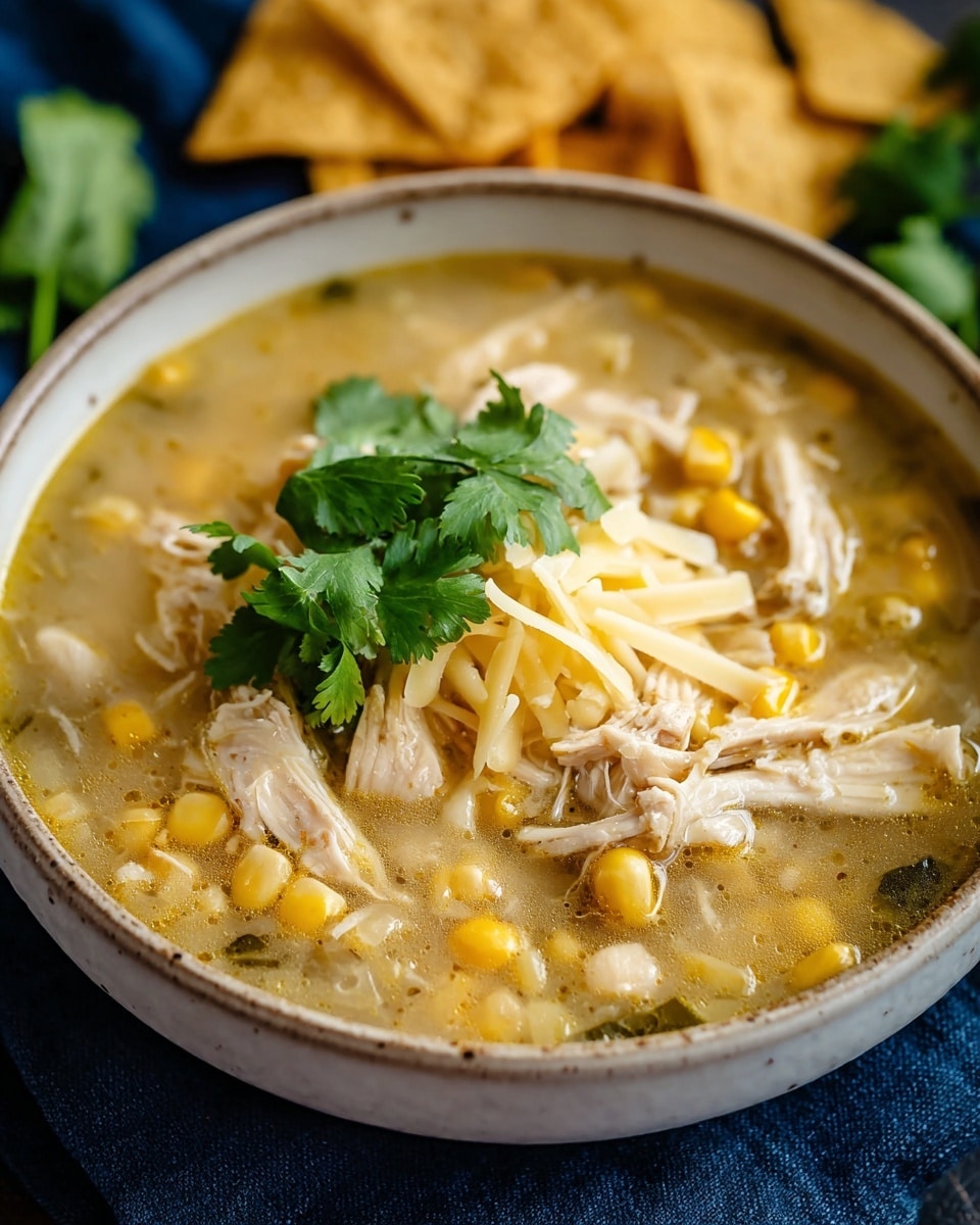 A white bowl filled with chunky chicken soup containing shredded white chicken pieces and whole yellow corn kernels in a light yellow broth. On top, there is a small pile of shredded pale yellow cheese and fresh green cilantro leaves as garnish. The bowl sits on a dark blue cloth with tortilla chips blurred in the background, all placed on a white marbled surface. Photo taken with an iphone --ar 4:5 --v 7