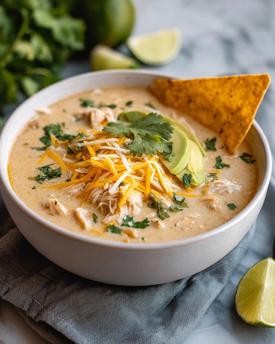 A white bowl filled with creamy chicken soup that has small pieces of chicken and bits of vegetables in a light beige broth, topped with shredded yellow and white cheese, fresh green cilantro leaves, and two chunks of light green avocado near the center. A large triangular crispy tortilla chip sticks out from the right side of the bowl. The bowl sits on a soft gray cloth on a white marbled surface, with a sliced lime and some leafy greens blurred in the background. Photo taken with an iphone --ar 4:5 --v 7