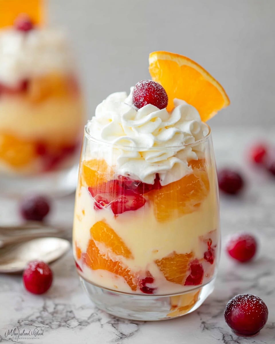 A clear glass filled with three main layers: the bottom layer is a pale yellow creamy pudding mixed with small reddish fruit pieces; the middle layer shows a mix of orange fruit slices and more red fruit, slightly translucent and juicy; the top layer is a swirl of white whipped cream crowned with an orange fruit slice and a whole red berry. Several whole red berries are scattered around the glass on a white marbled surface, with a blurred second glass dessert in the background. photo taken with an iphone --ar 4:5 --v 7
