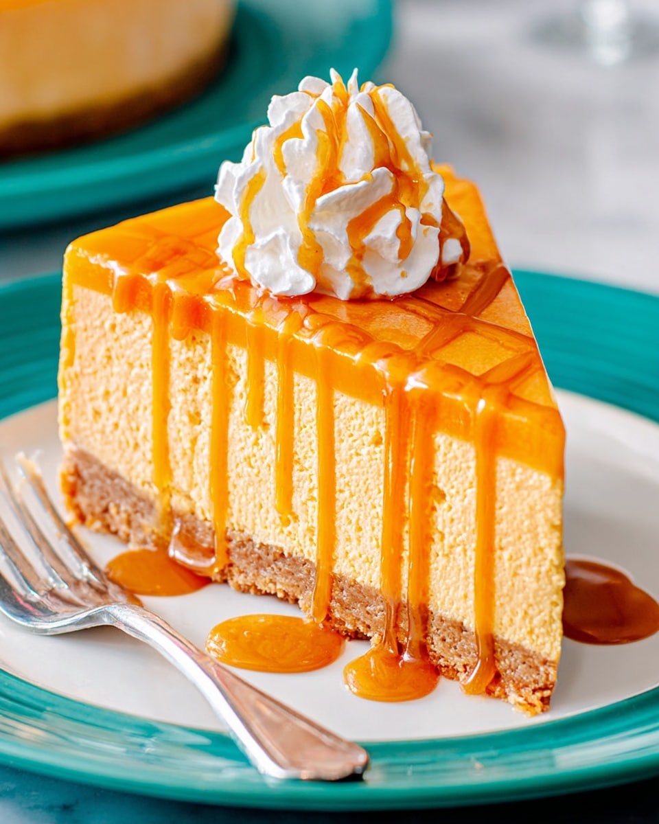 A single slice of light orange mousse cake sits on a white plate with a teal charger underneath, placed on a white marbled surface. The cake has two layers: a crumbly brown base and a thick, airy orange mousse layer above it. The top is glossy with a smooth orange glaze, with a zigzag pattern and caramel-like sauce dripping down the sides and pooling on the plate. On top of the slice is a dollop of white whipped cream with more caramel sauce drizzled over it. A silver fork lies next to the slice on the plate. Photo taken with an iphone --ar 4:5 --v 7