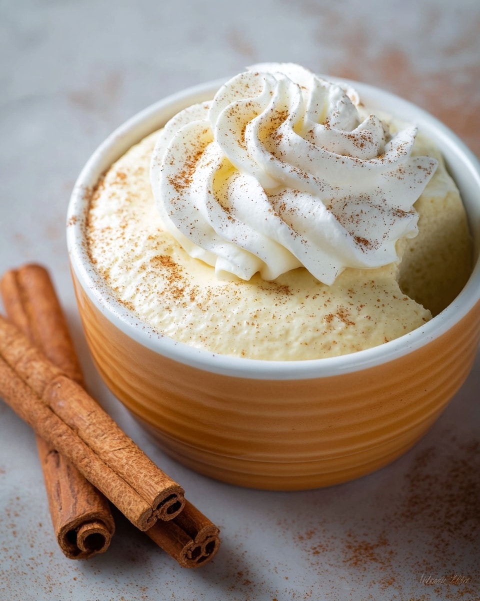 A small white cup filled with a creamy pale yellow mousse that has a smooth texture, with a large scoop missing from the front showing its soft interior. On top of the mousse is a thick layer of white whipped cream, decorated with soft, flowing swirls and lightly sprinkled with fine brown cinnamon powder. The cup sits on a white marbled surface, beside three cinnamon sticks placed close together. Photo taken with an iphone --ar 4:5 --v 7