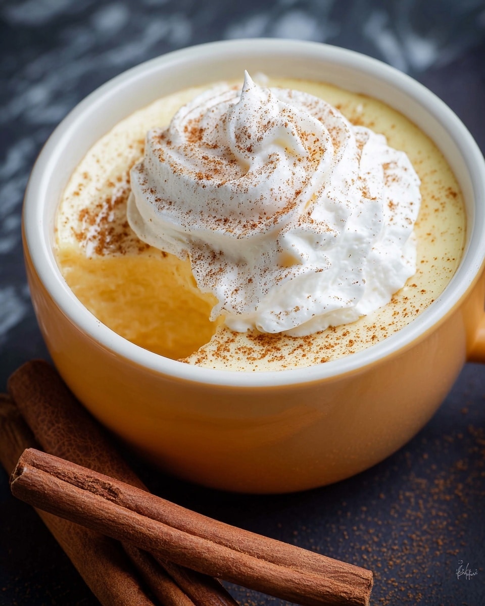 A close-up of a creamy dessert in a white cup, showing two layers: the bottom layer is a smooth, pale orange custard texture, and the top layer is a light white whipped cream with soft peaks, sprinkled with a light dusting of brown cinnamon powder. A small scoop has been taken out from the front, revealing the custard inside. Next to the cup, two cinnamon sticks lie on a dark surface, all set against a white marbled texture background. photo taken with an iphone --ar 4:5 --v 7