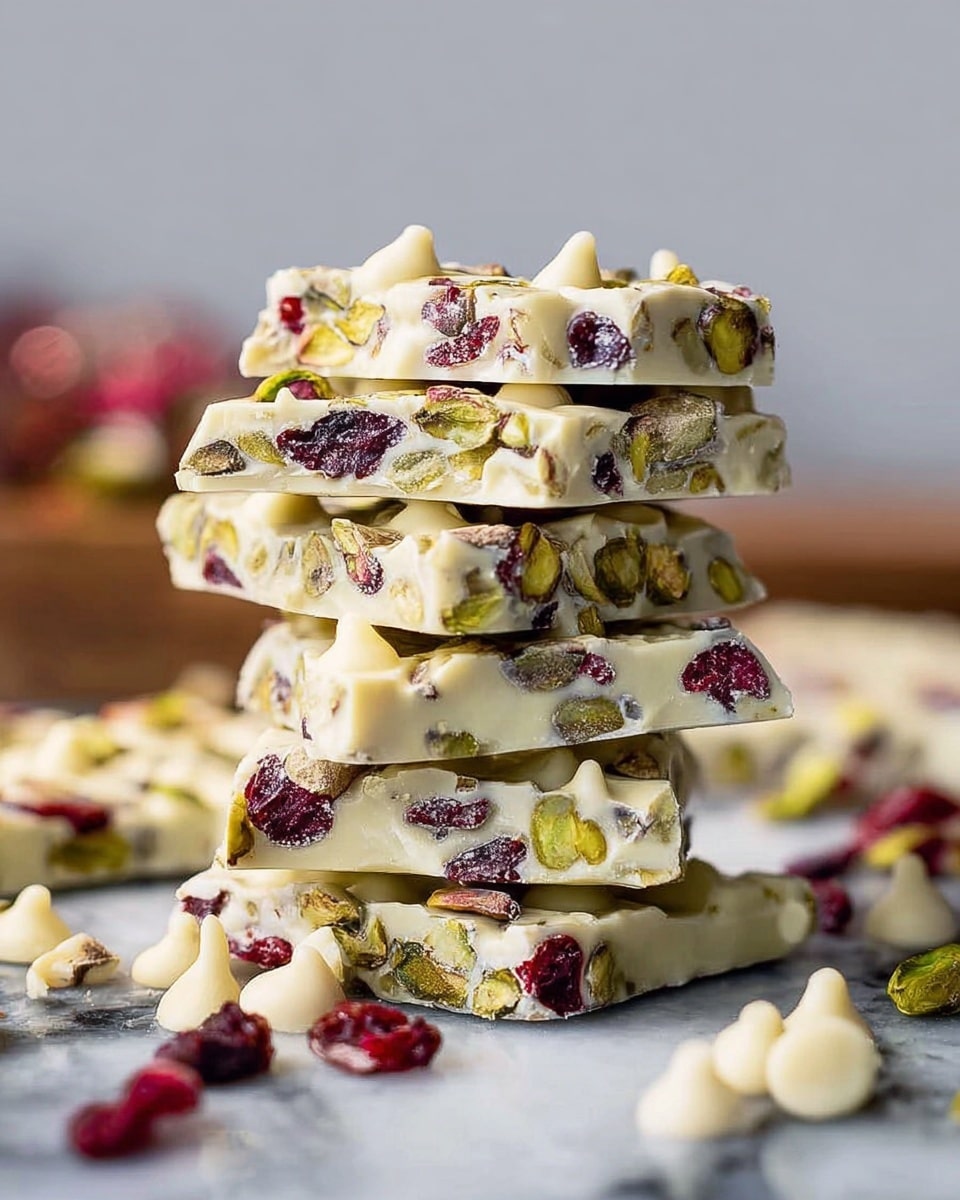 A stack of six white chocolate bark pieces is shown on a white marbled surface, each piece embedded with visible pistachios and dried cranberries creating green and red spots mixed with the creamy white chocolate. The pieces are unevenly shaped and layered one on top of another, forming a neat tower. Around the stack, some loose pistachios and white chocolate chips are scattered, adding texture and color contrast. The soft focus background keeps attention on the glossy, textured bark in the foreground. Photo taken with an iphone --ar 4:5 --v 7