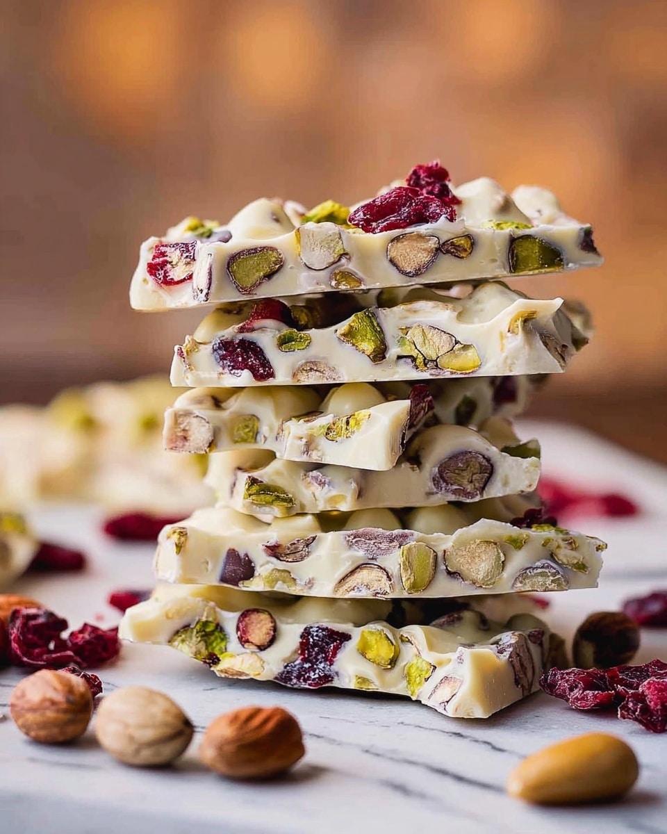 A stack of five irregular-shaped white chocolate bark pieces is shown on a white marbled surface. Each bark piece is filled with visible chunks of green pistachios, red dried cranberries, and light brown nuts, creating a colorful mix against the creamy white chocolate. Scattered nuts and pistachios lie loosely around the base of the stack, enhancing the textured look. The pieces have a rough, uneven edge and a slightly glossy surface. The background is softly blurred with warm, neutral colors. photo taken with an iphone --ar 4:5 --v 7