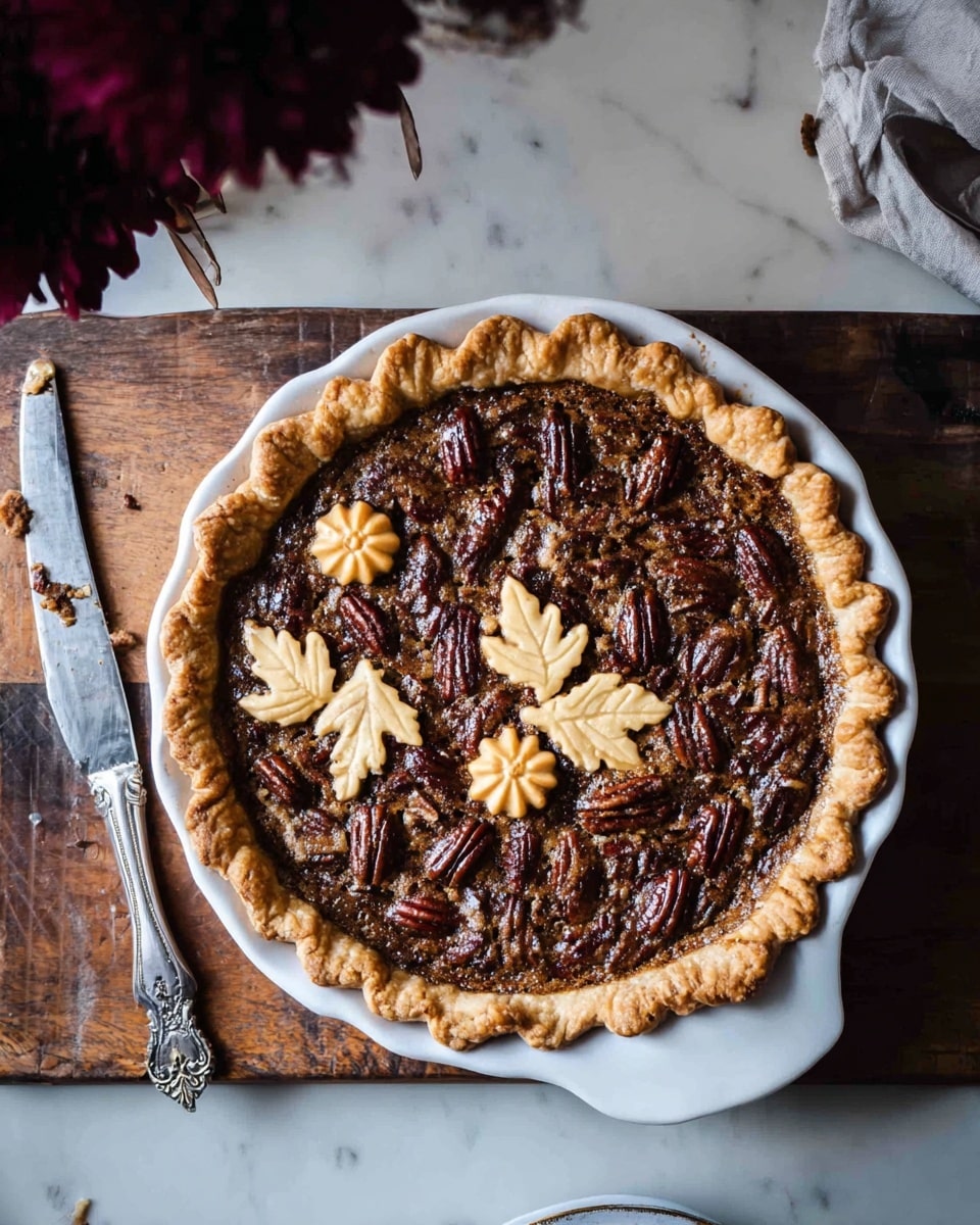 The image shows a pecan pie in a white ceramic pie dish with a golden-brown flaky crust that is crimped around the edges. The pie filling is dark brown and shiny, studded with whole pecan halves spread evenly across the surface. On top, there are small decorative pastry shapes resembling pumpkins and leaves in a light golden color, placed mostly on the upper left and center of the pie. The pie sits on a rustic wooden board next to a silver knife with an ornate handle. In the top left corner, there are a few dark red flowers. The setting has a white marbled texture background. photo taken with an iphone --ar 4:5 --v 7