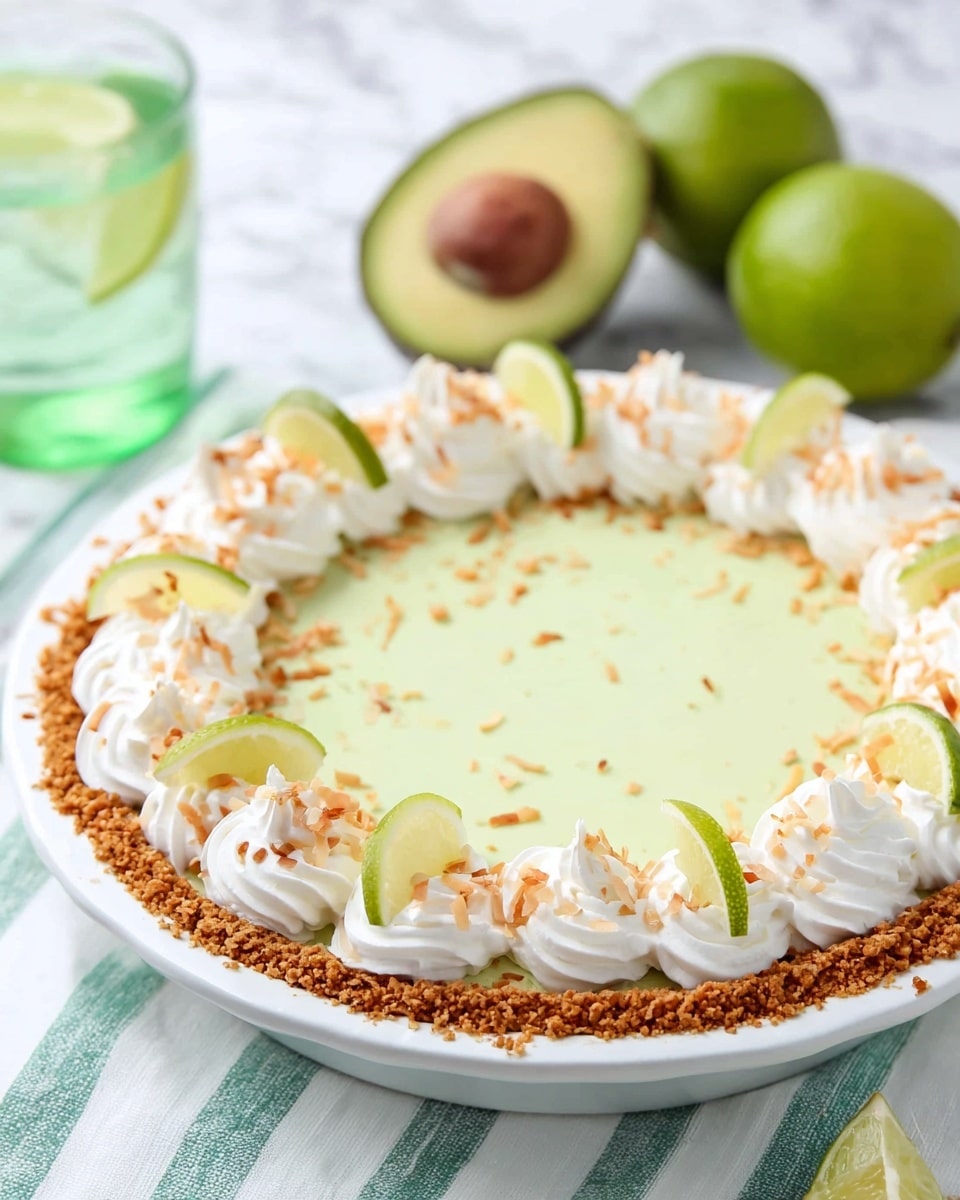 The image shows a pie with three visible layers: the bottom layer is a crumbly brown crust lining the edges of a white pie dish, the middle layer is a smooth light green filling that covers the entire surface, and the top layer consists of evenly spaced white whipped cream swirls around the border, each topped with a small green lime wedge and sprinkled with toasted coconut flakes. The pie sits on a white marbled surface with a green and white striped cloth underneath. In the background, there is a halved avocado with bright yellow-green flesh and a dark green outer skin, along with two halved limes showing their pale green insides next to a green glass of water. Photo taken with an iphone --ar 4:5 --v 7
