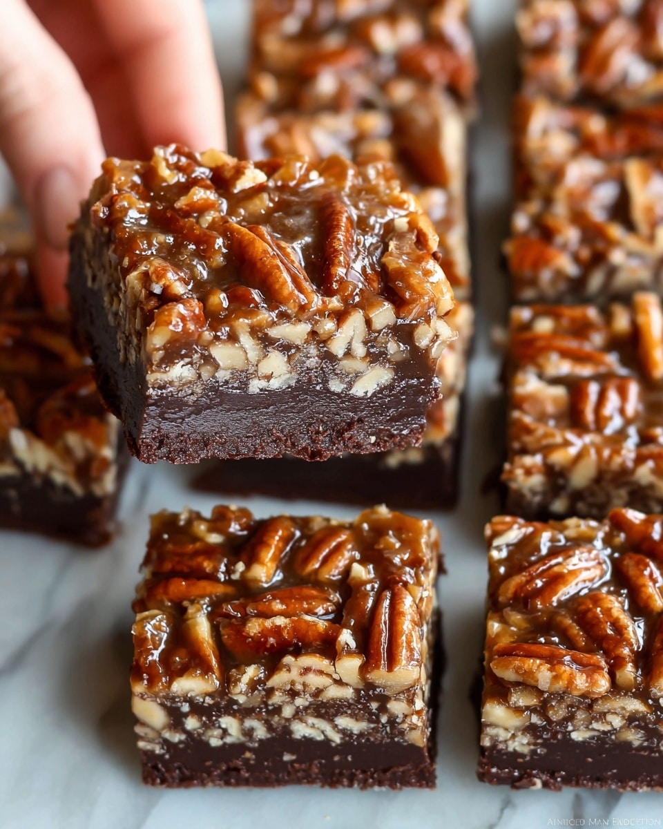 The image shows several square-shaped pecan bars arranged on a white marbled surface. Each bar has two clear layers: the bottom layer is a dense, dark brown chocolate-like base with a smooth texture, while the top layer is thick and packed with glossy, caramel-colored chopped pecans that have a slightly sticky appearance. One bar is held above the surface by a woman's hand, showing the layers more clearly. The bars are uniformly cut and appear rich and chewy. photo taken with an iphone --ar 4:5 --v 7