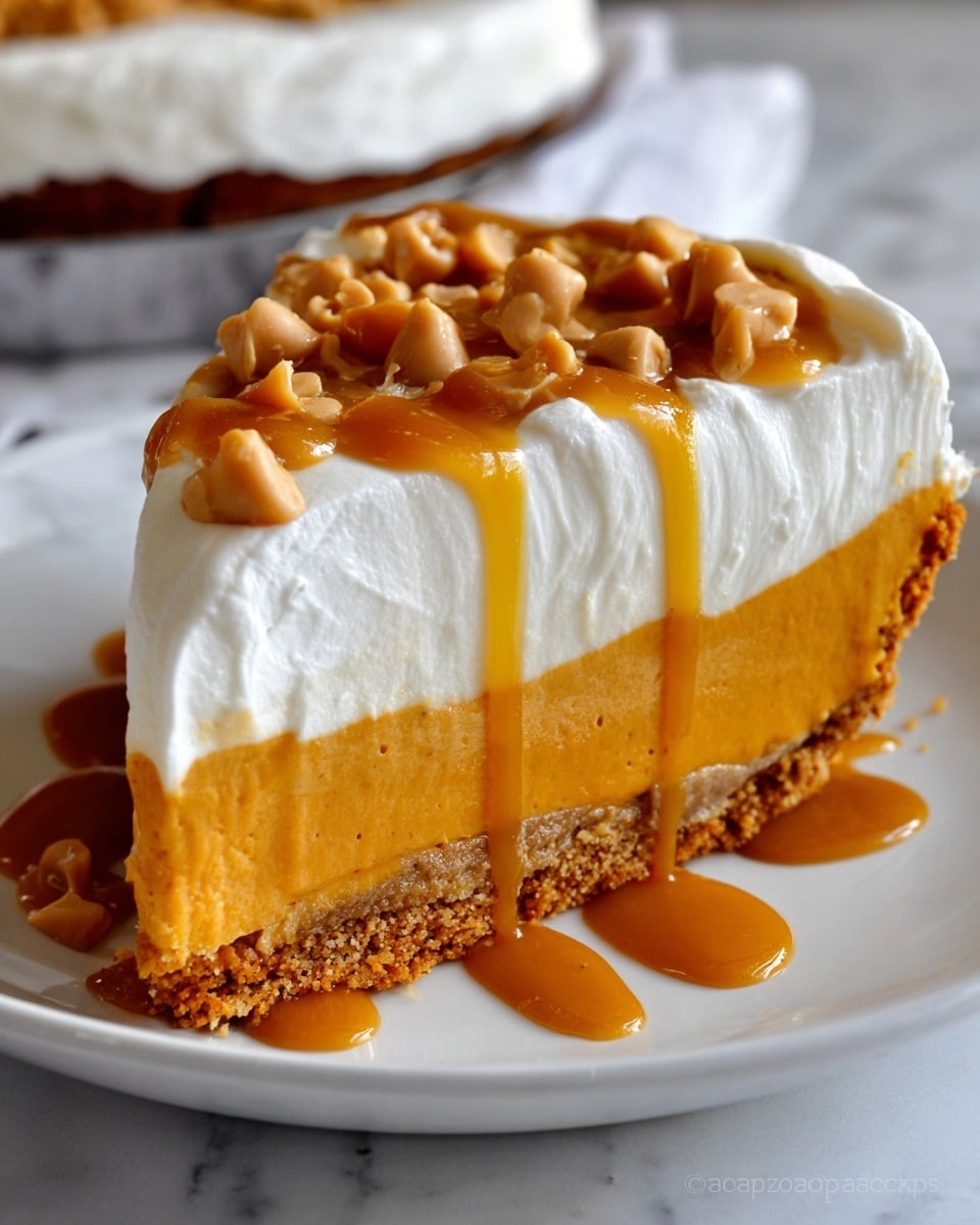 A close-up of a slice of creamy pie on a white plate, placed on a white marbled surface. The pie has three visible layers: the bottom layer is a light brown crumbly crust, above it is a thick, smooth orange layer, likely pumpkin or sweet potato filling, and the top layer is a thick, fluffy white whipped cream. Golden caramel sauce is drizzled over the whipped cream and around the plate, with small clusters of light brown butterscotch chips scattered on top of the whipped cream and around the plate’s edge. The textures are smooth and rich, with the caramel sauce adding a shiny glaze. Photo taken with an iphone --ar 4:5 --v 7