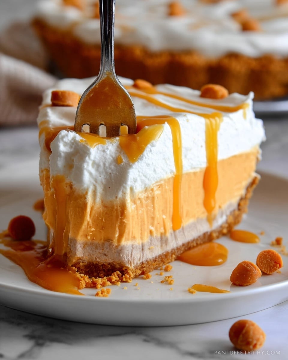 A slice of pie with three clear layers sits on a white plate against a white marbled background. The bottom layer looks crumbly and light brown like a cookie crust. Above that is a thick, smooth, orange layer that looks creamy. The top layer is thick, fluffy, and white, resembling whipped cream. Golden caramel sauce drips down from the top layer, pooling slightly on the plate. A fork is pressed into the slice, held by a woman's hand, creating a small indentation in the whipped layer. Small caramel chips are scattered around the plate and pie. Photo taken with an iphone --ar 4:5 --v 7