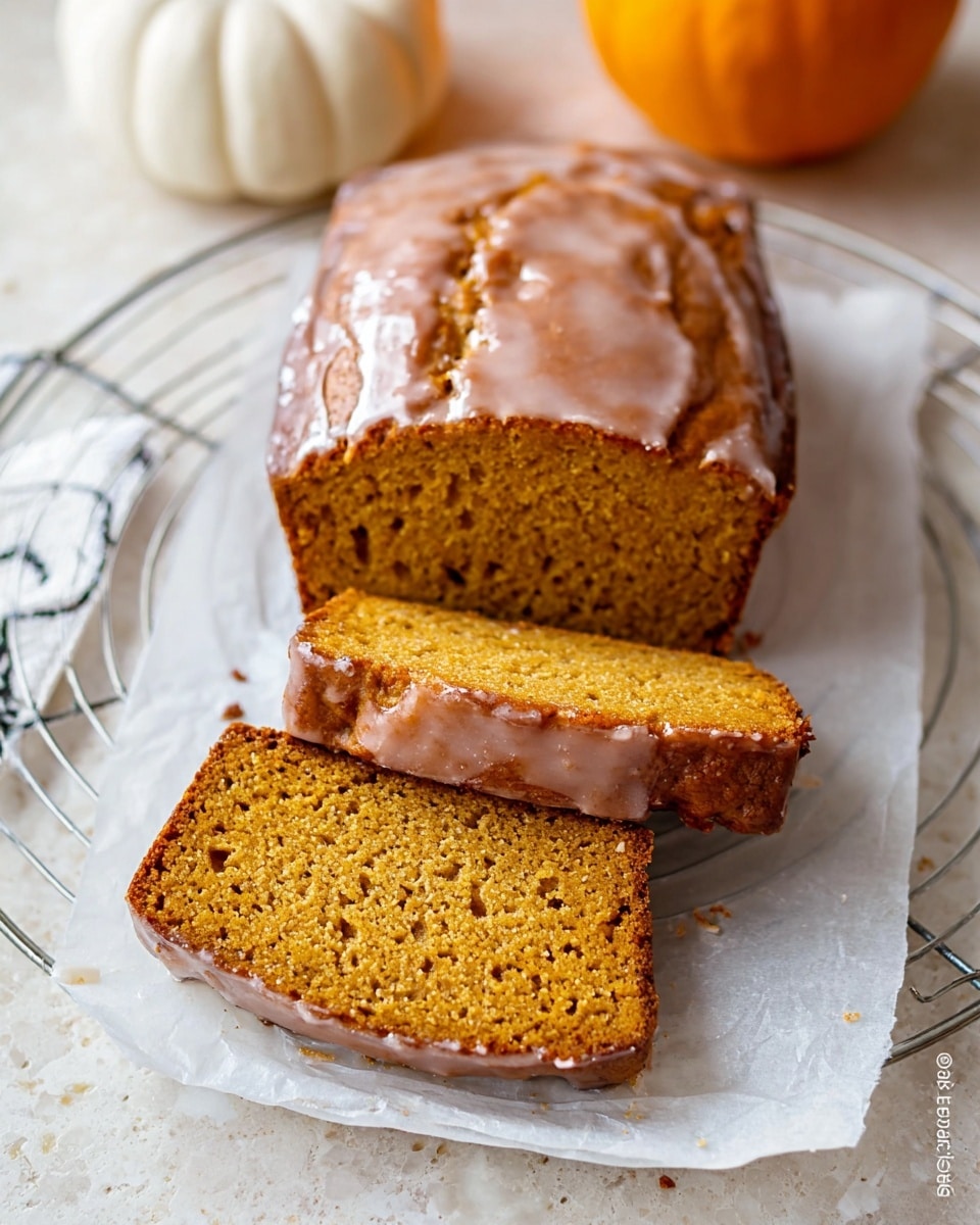 A loaf of pumpkin bread with a shiny, light brown glaze on top sits on white parchment paper over a round cooling rack. The bread is sliced into five pieces, showing a dense, moist texture with a warm orange-brown color and small air holes inside. The crust is a darker brown, slightly crisp. In the background is a small orange pumpkin and a white marbled surface, creating a cozy atmosphere. photo taken with an iphone --ar 4:5 --v 7