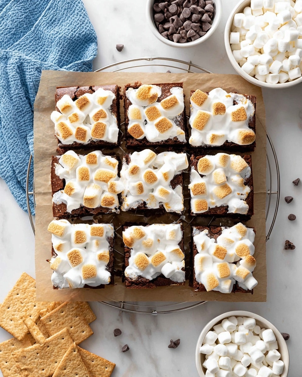 The image shows nine square chocolate brownies arranged in a 3 by 3 grid on parchment paper over a round wire rack, each topped with a layer of toasted mini marshmallows that are soft and golden brown with some stretching between the squares, revealing gooey texture underneath. The brownies have a dark, rich base. Around the brownies, there are white bowls filled with mini marshmallows and chocolate chips, and a few white graham crackers placed nearby on a white marbled texture. At the top left corner, part of a blue cloth is visible. photo taken with an iphone --ar 4:5 --v 7