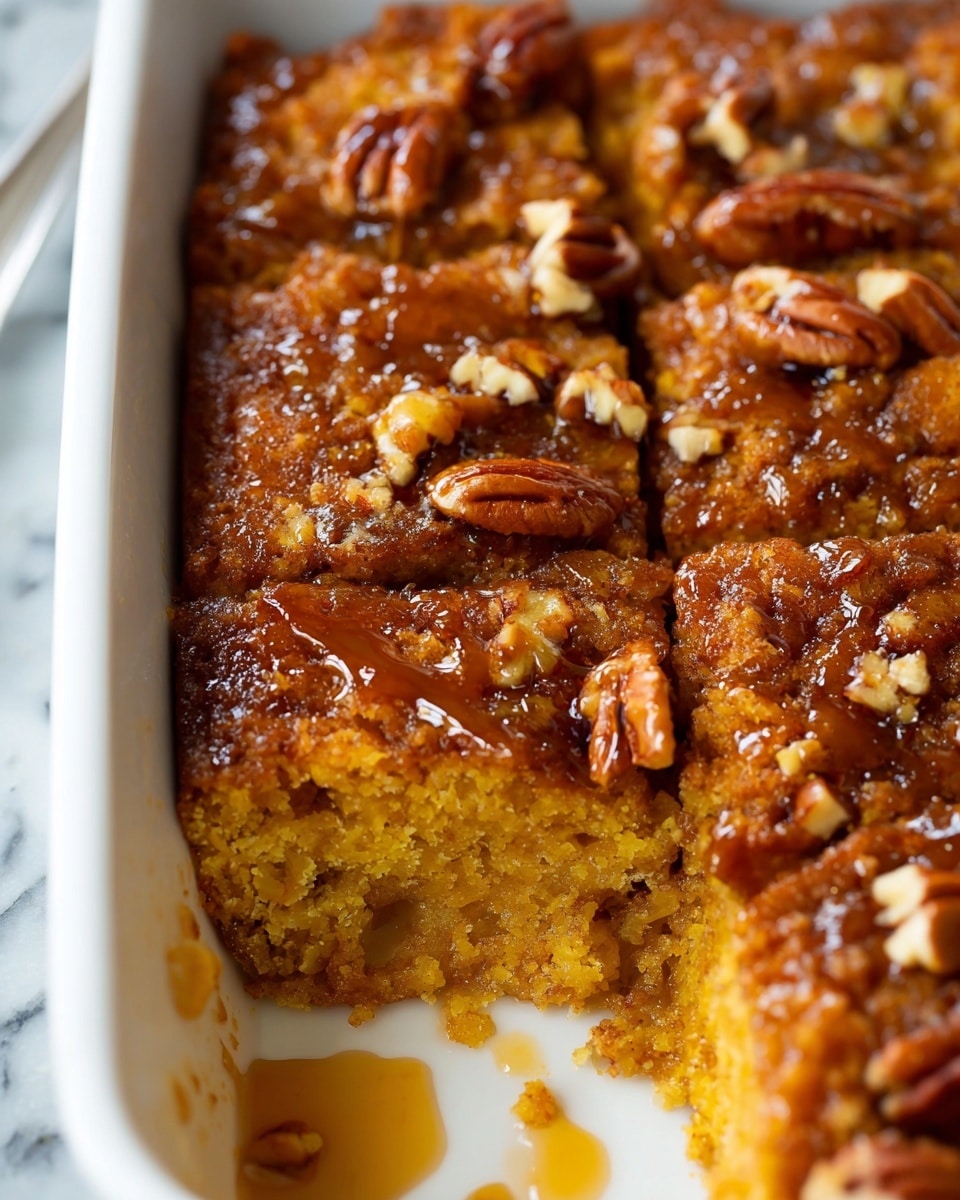 A close-up view of a baked dessert cut into squares inside a white rectangular dish. The dish has one corner piece missing, showing a soft, moist interior with a yellowish-brown baked layer mixed with visible small chunks. The top surface is uneven and textured, covered with a golden-brown spice-coated layer dotted with glossy caramel drizzle. Scattered whole and broken pecan nuts add a rich brown color and crunchy texture on top. The edges of the dessert appear slightly crisp and browned. The dish sits on a white marbled surface. Photo taken with an iphone --ar 4:5 --v 7