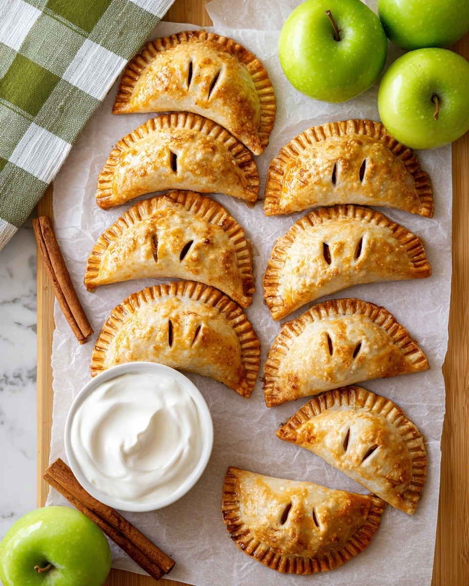 The image shows eight golden-brown half-circle hand pies with three small vents on top, arranged neatly on white parchment paper over a wooden table with a white marbled texture. There are two halves smaller than the rest in the bottom right corner. Near the pies is a small white bowl filled with smooth white cream, and two cinnamon sticks lie beside the bowl. To the top left of the pies, a green and white checked cloth is partially visible, and three bright green apples are placed in the top right corner. The hand pies have crimped edges and a flaky, shiny crust. Photo taken with an iphone --ar 4:5 --v 7