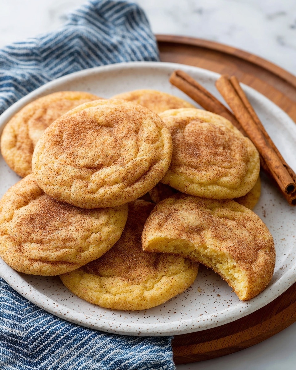 A white speckled plate holds a pile of seven golden brown snickerdoodle cookies, each sprinkled with a light dusting of cinnamon sugar that adds a textured surface. One cookie near the front has a bite taken out, showing a soft, chewy inside with a slightly crumbly texture. The cookies have a round, slightly puffy shape with small cracks on the tops. Three cinnamon sticks lie behind the cookies on the plate. The plate rests on a blue and white striped cloth, placed on a round wooden board against a white marbled background. photo taken with an iphone --ar 4:5 --v 7