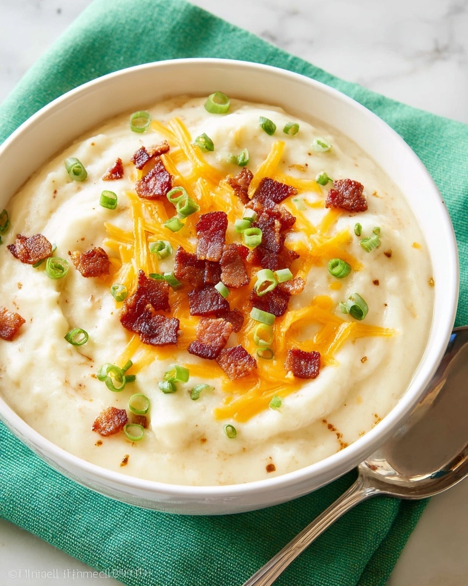 A white bowl filled with creamy mashed potatoes as the base layer, smooth and thick with a pale off-white color. On top, melted shredded cheddar cheese forms a thin, bright orange layer in the center. Scattered on the cheese are small, crispy bacon pieces with a deep reddish-brown color, adding a textured look. Small slices of green onion rings are sprinkled over the bacon and cheese, giving a fresh green contrast. The bowl is placed on a green cloth over a white marbled surface, with a silver spoon visible on the side. photo taken with an iphone --ar 4:5 --v 7