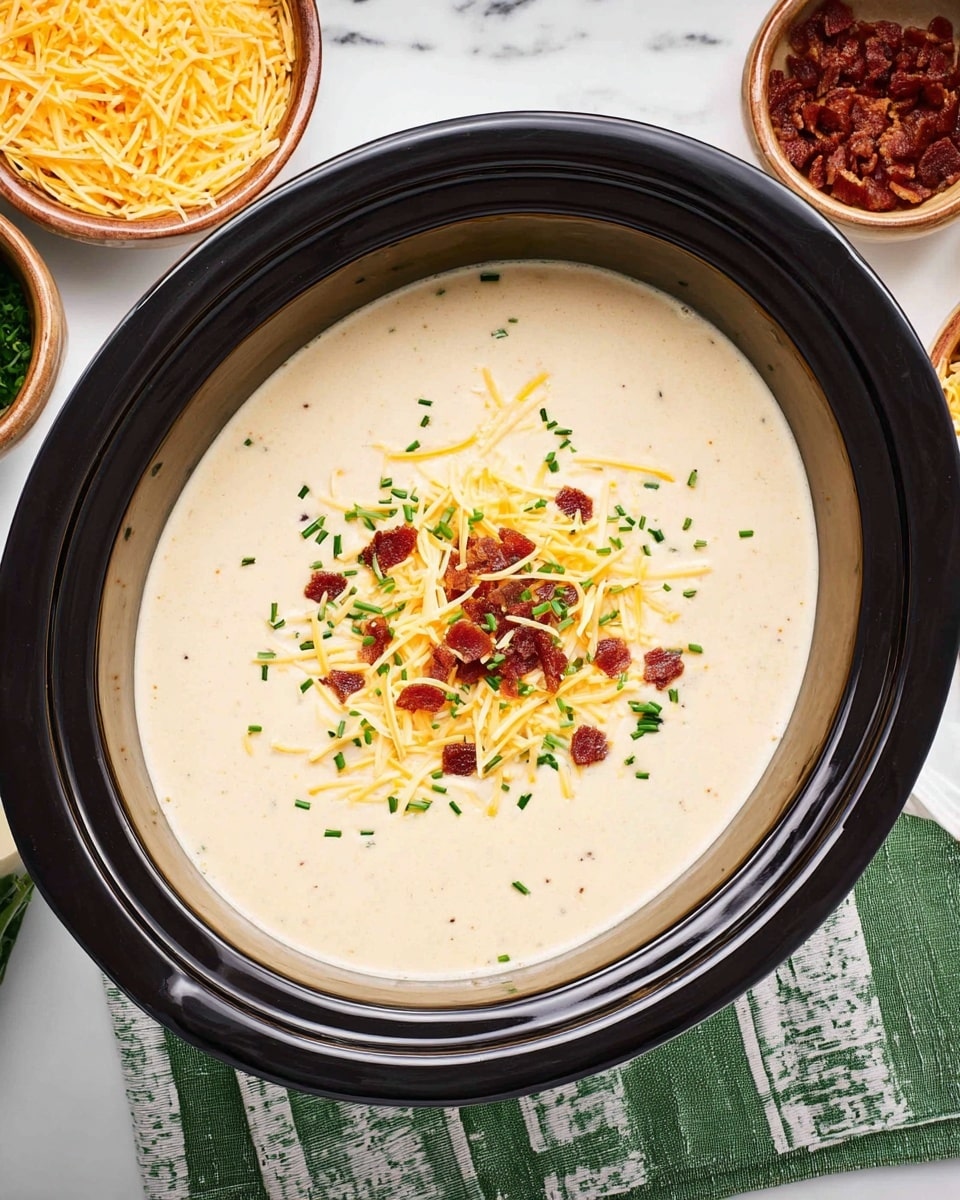 A creamy light beige soup fills a black slow cooker, smooth in texture, topped gently in the center with three layers: shredded pale yellow cheese, small dark brown crispy bacon bits, and tiny chopped green chives scattered evenly. Around the slow cooker, bowls of shredded cheese and bacon bits sit on a white marbled surface with a green and white cloth beneath one side. photo taken with an iphone --ar 4:5 --v 7