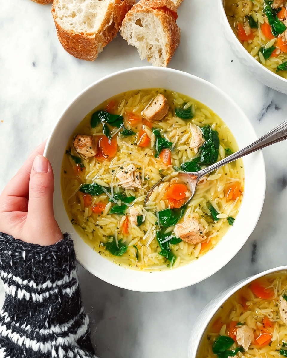 A white bowl filled with chicken and vegetable soup is shown on a white marbled surface. The soup has several layers: a light yellow broth at the base, followed by bright orange carrot slices, green spinach leaves, small pale yellow orzo pasta, and chunks of cooked chicken in a light brown color. A woman's hand wearing a black and white striped sweater is holding a spoon inside the bowl. Next to the bowl, there are two pieces of torn crusty bread with a golden-brown crust and soft, airy inside. Part of another bowl with similar soup appears at the edge of the image. Photo taken with an iphone --ar 4:5 --v 7