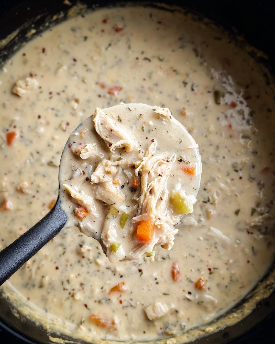 A creamy soup is shown in a black pot with a spoon lifting a scoop in the center. The soup is thick and white with small orange carrot pieces, light green celery bits, and brown pieces of shredded chicken mixed throughout. The texture looks smooth and creamy with visible small herbs and spices giving it a speckled look. The spoon holds a generous portion of the soup, showing the thick, rich consistency and the different ingredients clearly. Photo taken with an iphone --ar 4:5 --v 7