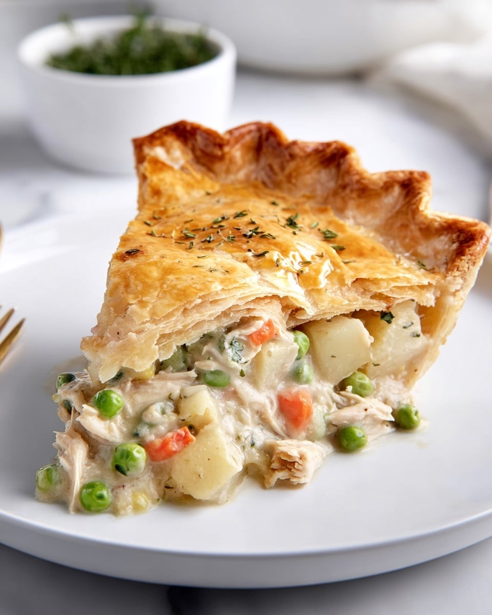 A slice of chicken pot pie on a white plate sits on a white marbled surface, showing three visible layers: the top layer is a shiny, golden-brown flaky crust that is thick and slightly crimped at the edge; the middle layer is a creamy, light beige filling mixed with visible chunks of white chicken pieces, bright green peas, orange carrot slices, and pale potato cubes; the bottom layer is a thin, light golden crust supporting the filling. In the blurry background, there is a white bowl with green herbs. Photo taken with an iphone --ar 4:5 --v 7