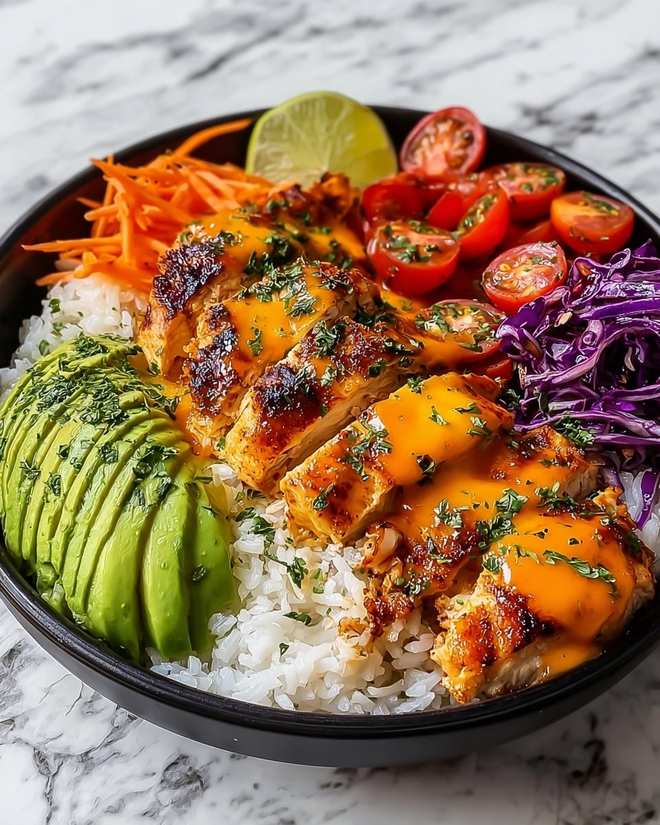 A black bowl holds a colorful dish with four main layers. At the bottom is a base of white rice with a light, fluffy texture. On top of the rice are thick slices of grilled chicken, golden brown with charred edges, covered in a shiny orange sauce and sprinkled with small green herbs. To the right of the chicken is a fan of smooth, light green avocado slices sprinkled with herbs. Behind the chicken, there is a mix of bright red and yellow cherry tomatoes cut in halves, some shredded purple cabbage, and thin orange carrot strips. A wedge of lime sits near the avocado, adding a fresh green touch. The bowl is placed on a white marbled surface. Photo taken with an iphone --ar 4:5 --v 7